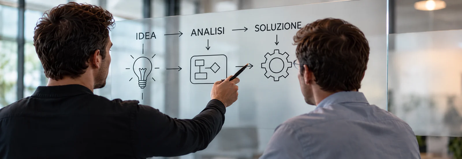 Confronto su idee, analisi e soluzioni davanti a una lavagna