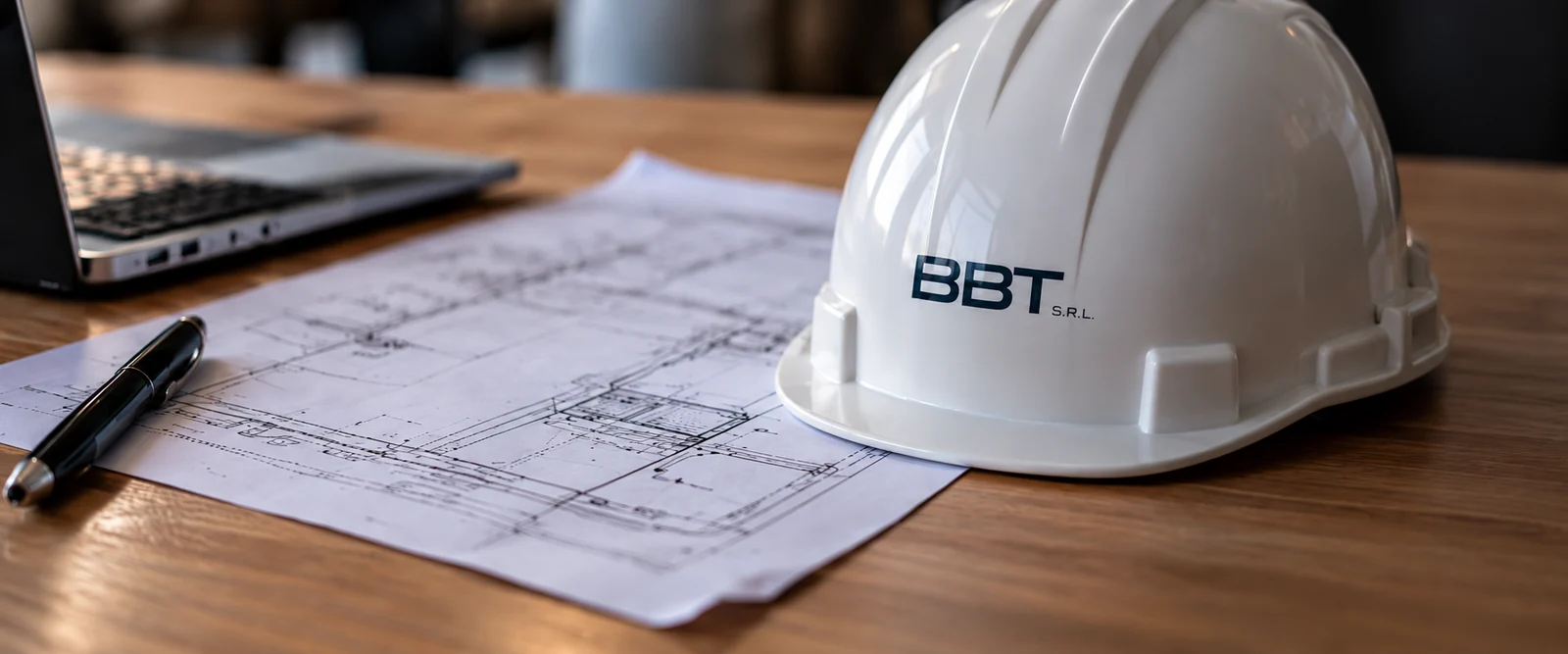 Un casco BBT, un computer e disegni tecnici su un tavolo di lavoro
