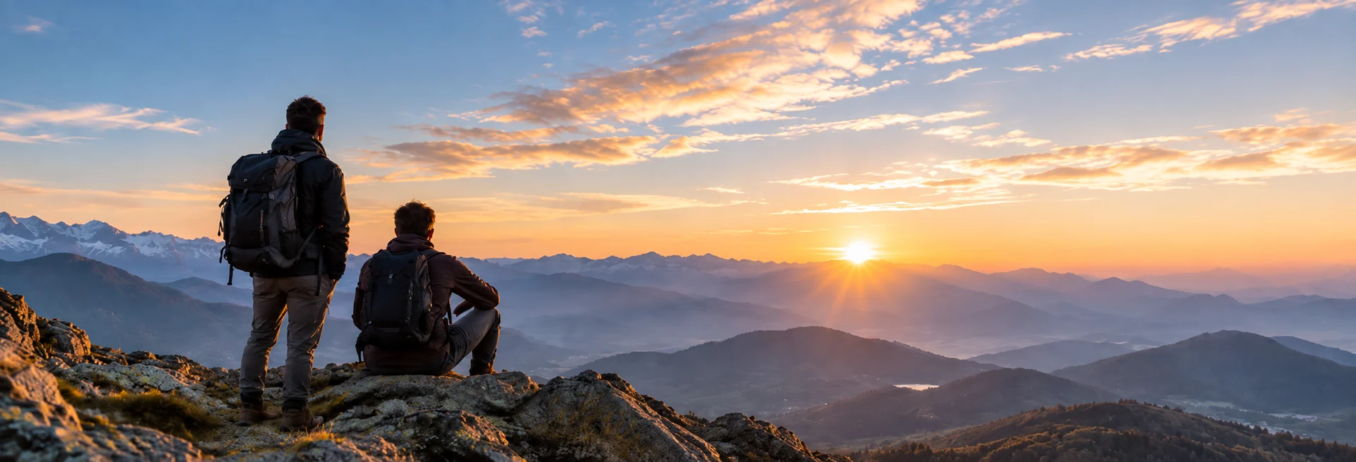 Due escursionisti osservano un nuovo orizzonte dalle montagne al sorgere del sole